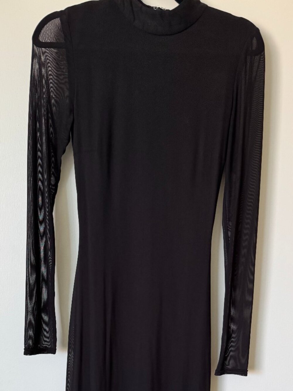 Saunders Collective Black Mesh-Sleeve Mock Neck Maxi Dress, Size 2